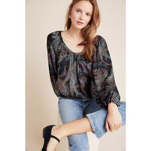 Maeve by Anthropologie Black Boho Floral Print Pleated Long Sleeve Blouse Top XS